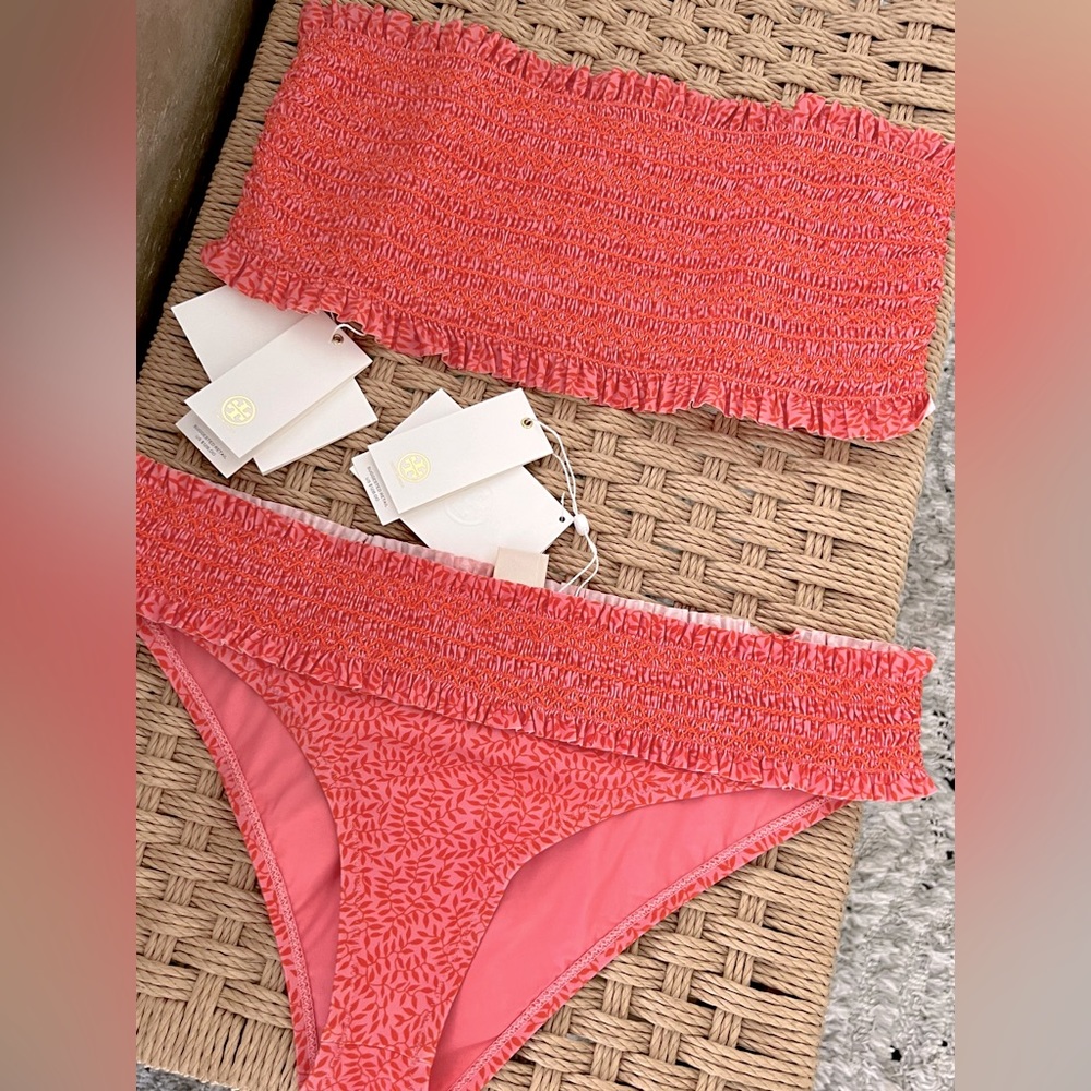 TORY BURCH NWT $256 COSTA TWO PIECE SMOCKED BANDEAU BIKINI